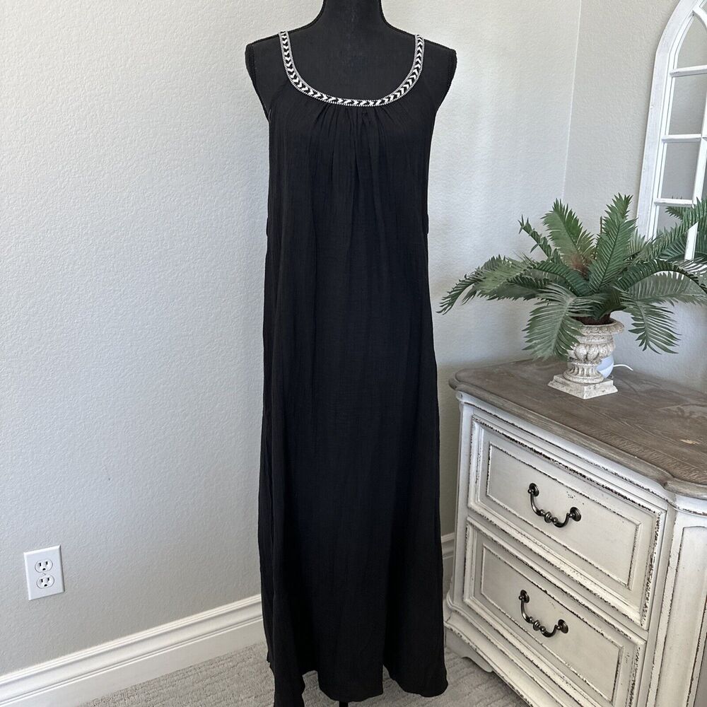Ninexis Braided Trim Black Maxi Light Effortless Dress Side‎ Slip Size Small